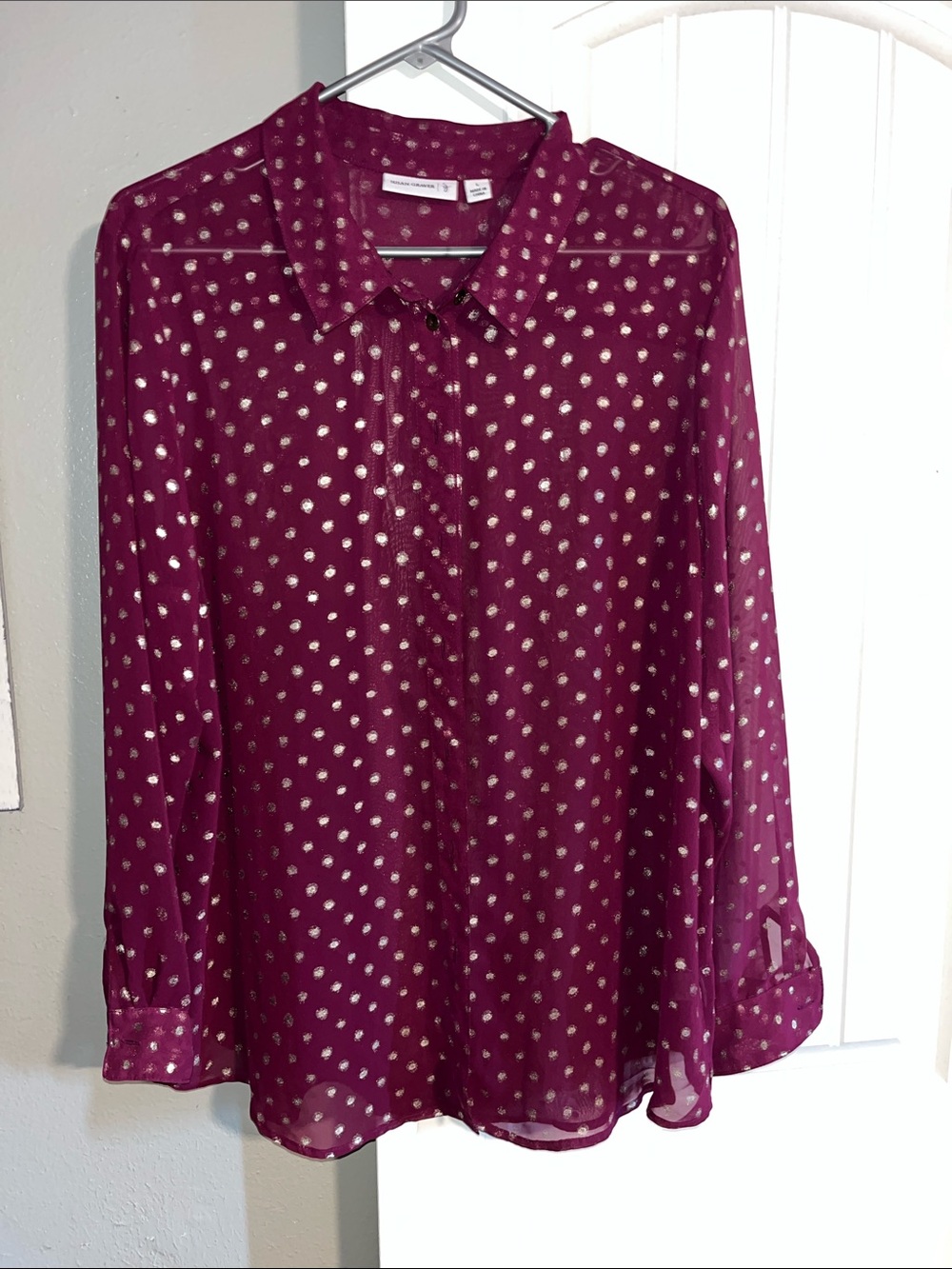 Susan Graver- Women's Burgundy Metallic Dot Blouse- sheer